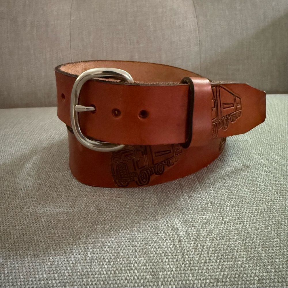 Vintage Tooled Transport Truck Brown Leather Belt Size 36 Removable Buckle USA - Picture 15 of 15